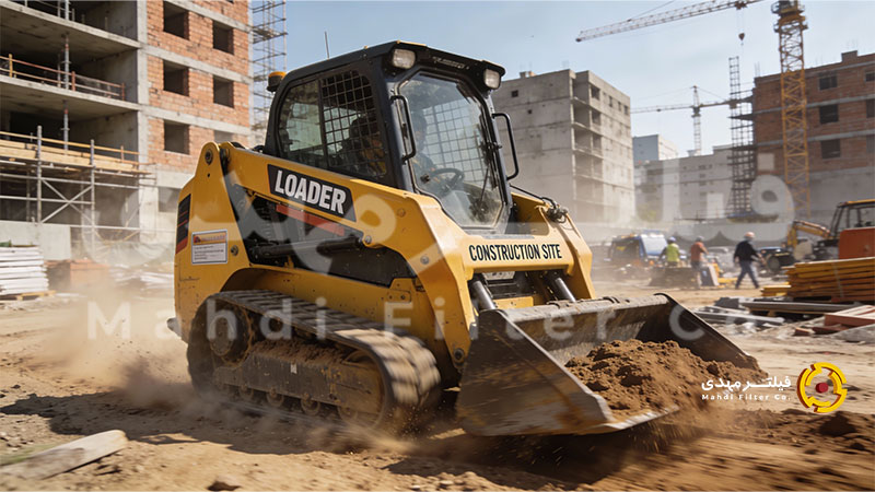 نمایی طبیعی از یک مینی لودر در حال کار روی محوطه خاکی در پروژه عمرانی شهری، با پسزمینه ساختمانهای نیمهکاره
