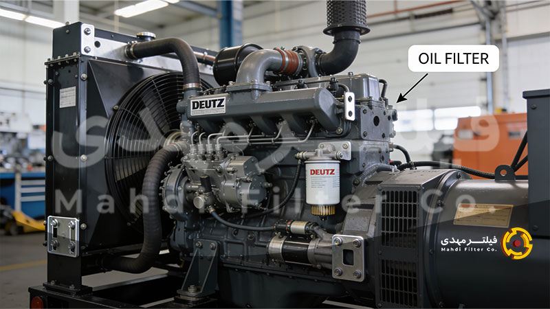 موتور دیزل دویتس نصبشده روی یک دستگاه لودر که محل فیلتر روغن روی بلوک موتور مشخص شده است.