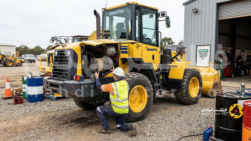 لودر Komatsu W90 در محوطه کارگاهی، تکنسین کنار محفظه فیلتر هوا