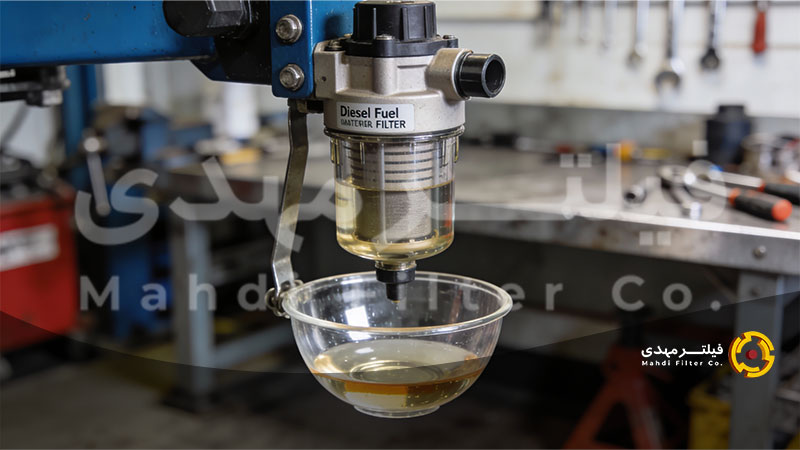 ز فیلتر سوخت به همراه مخزن آبگیر (water separator bowl) در محیط کارگاهی